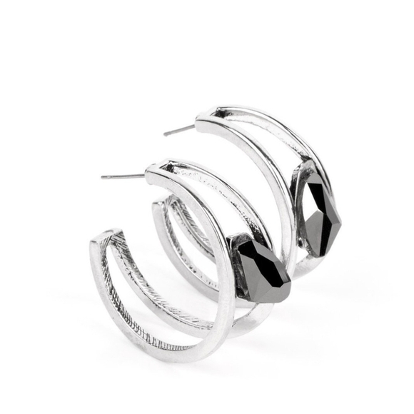 Paparazzi Silver and Black Modern Earrings Unrefined Reverie Hoop Fadhion Jewels - Picture 1 of 3